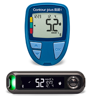 A group of connected blood glucose meters. CONTOUR®Care Meter, CONTOUR®NEXT Meter, CONTOUR®NEXT One Meter.